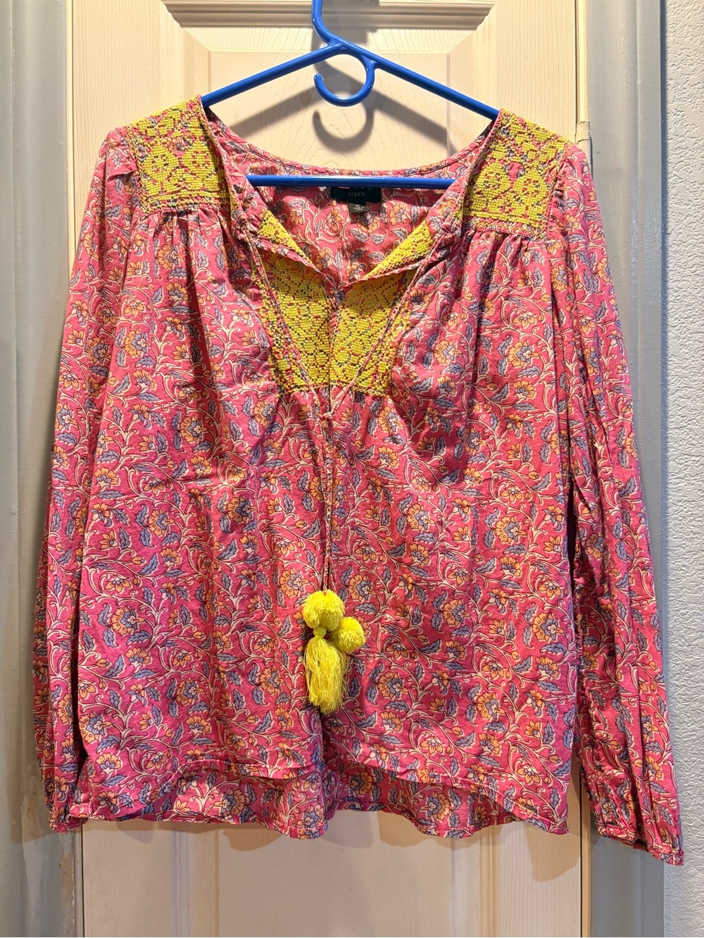 J. Crew Pink Paisley Blouse with Yellow Crochet Trim